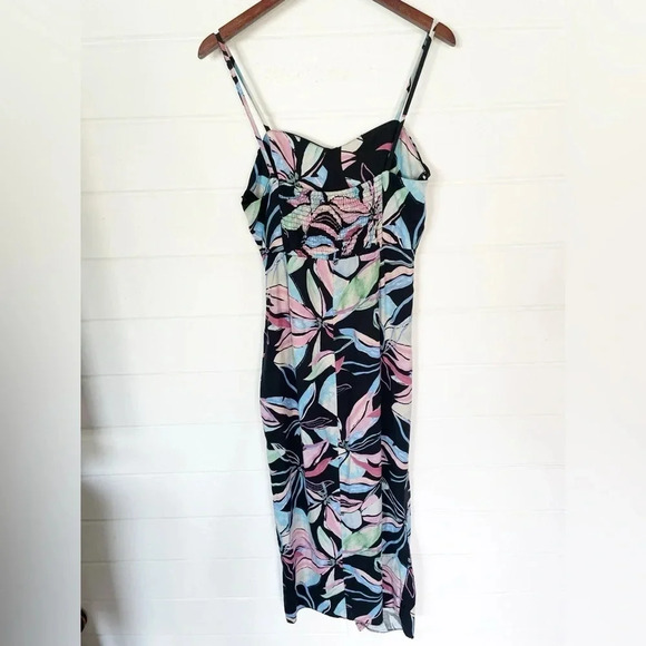 EUC Zara Linen Blend Tropical Print Corset Ruched Midi Dress Size Medium - Picture 13 of 17